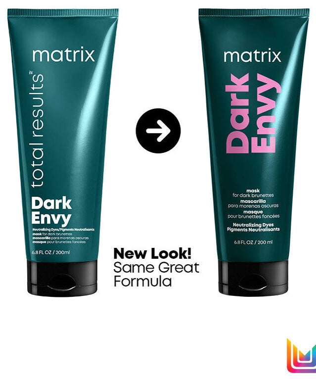 Dark Envy Red Neutralization Hair Mask has a complex concentration of blue-green direct dyes to neutralize red undertones on your clients with dark brunette bases while deeply nourishing the hair fiber and leaving a radiant shine.