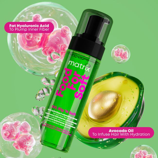 A professional, hydrating volumizing mousse that allows stylists to create showstopping volume without sacrificing softness. The Matrix Food For Soft XXL Big 'N Soft Mousse gives clients 2X more volume and a touchable, teddy-bear soft finish that lasts 12 hours.