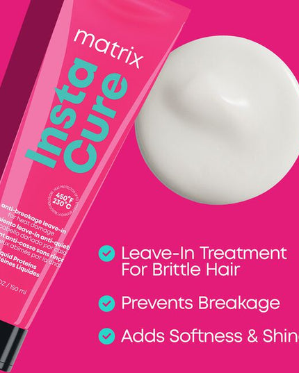 Matrix Instacure Anti-Breakage Leave-In Treatment restores lifeless, brittle hair to a healthy, soft, and strengthened state. Infused with liquid proteins, this leave-in treatment protects hair from breakage and heat up to 450°F/230°C. Perfect for all hair types and textures.