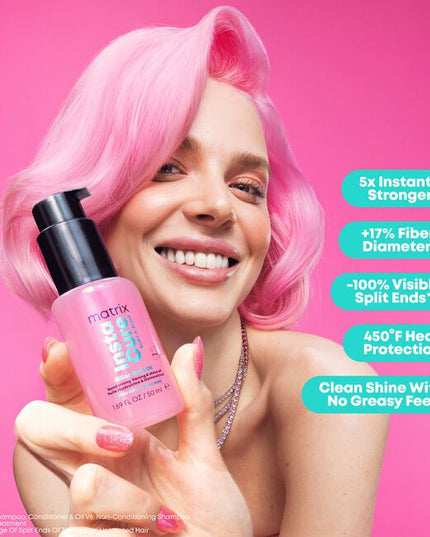 Matrix Instacure Build-A-Bond Billion Bond Oil actively repairs mega damaged hair with a professional bonding formula infused with Citric Acid and Amino Acids. This vegan, leave-in oil offers heat protection up to 450°F without greasiness . Strengthen your hair, reduce split ends, and restore the healthy feel of a fresh haircut at home or in the salon.