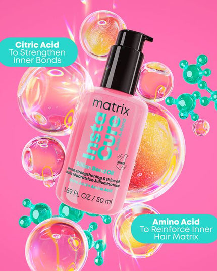 Matrix Instacure Build-A-Bond Billion Bond Oil actively repairs mega damaged hair with a professional bonding formula infused with Citric Acid and Amino Acids. This vegan, leave-in oil offers heat protection up to 450°F without greasiness . Strengthen your hair, reduce split ends, and restore the healthy feel of a fresh haircut at home or in the salon.