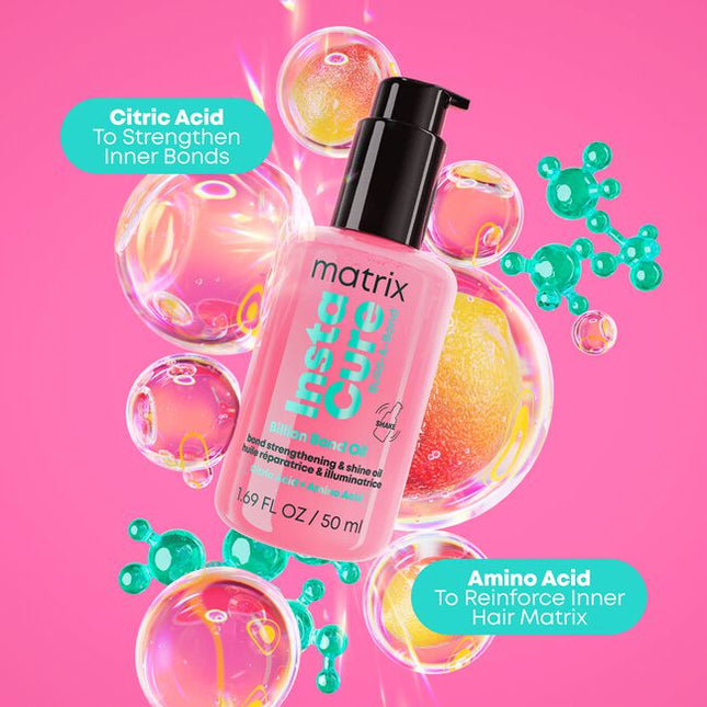 Matrix Instacure Build-A-Bond Billion Bond Oil actively repairs mega damaged hair with a professional bonding formula infused with Citric Acid and Amino Acids. This vegan, leave-in oil offers heat protection up to 450°F without greasiness . Strengthen your hair, reduce split ends, and restore the healthy feel of a fresh haircut at home or in the salon.