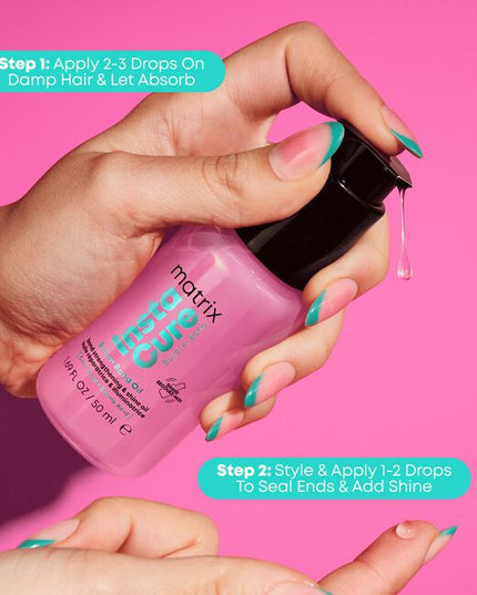 Matrix Instacure Build-A-Bond Billion Bond Oil actively repairs mega damaged hair with a professional bonding formula infused with Citric Acid and Amino Acids. This vegan, leave-in oil offers heat protection up to 450°F without greasiness . Strengthen your hair, reduce split ends, and restore the healthy feel of a fresh haircut at home or in the salon.