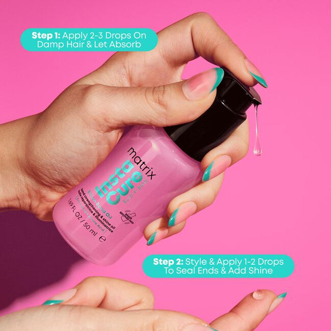 Matrix Instacure Build-A-Bond Billion Bond Oil actively repairs mega damaged hair with a professional bonding formula infused with Citric Acid and Amino Acids. This vegan, leave-in oil offers heat protection up to 450°F without greasiness . Strengthen your hair, reduce split ends, and restore the healthy feel of a fresh haircut at home or in the salon.