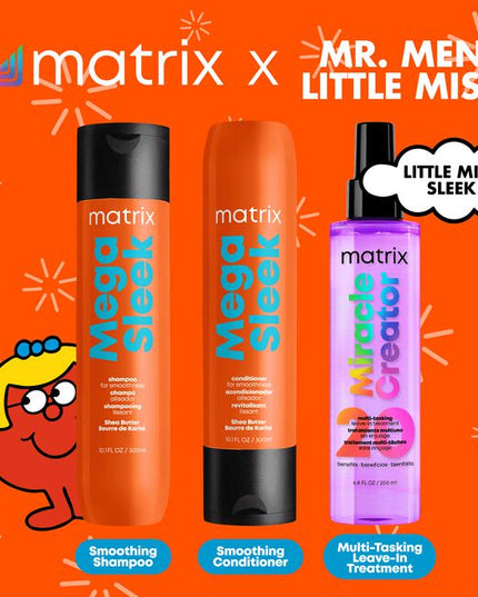 Mega Sleek haircare system made with shae butter reduces frizz and provides humidity protection for ever-lasting sleekness. Formulated with shea butter to reduce frizz and provide humidity protection for even the most rebellious, unruly hair.