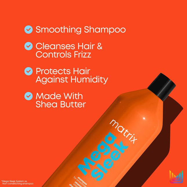Mega Sleek Shampoo is formulated with Shea Butter to reduce frizz, smooth hair and provide humidity protection for clients with the most rebellious, unruly hair. Smoothing Shampoo. Cleanses hair and controls frizz. Protects hair against humidity.