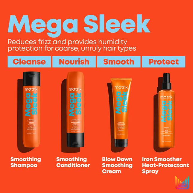Mega Sleek Shampoo is formulated with Shea Butter to reduce frizz, smooth hair and provide humidity protection for clients with the most rebellious, unruly hair. Smoothing Shampoo. Cleanses hair and controls frizz. Protects hair against humidity.