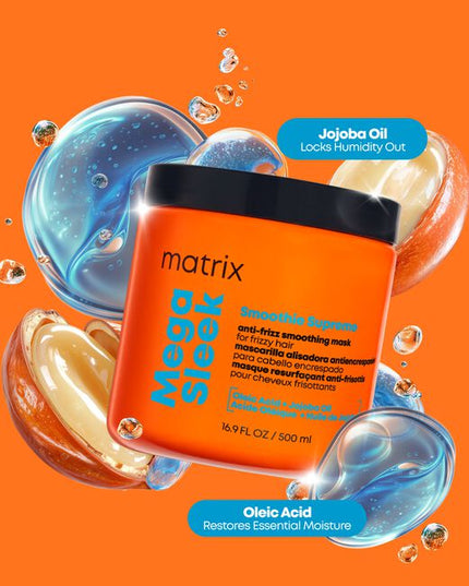 A professional, supercharged smoothing mask designed for stylists to provide clients with ultimate frizz control and intense hydration. The Matrix Mega Sleek Smoothie Supreme Mask is your go-to treatment for instantly transforming frizzy hair into a sleek, smooth, and radiant masterpiece that lasts for up to 96 hours*.