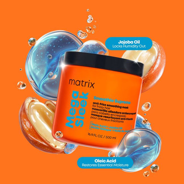 A professional, supercharged smoothing mask designed for stylists to provide clients with ultimate frizz control and intense hydration. The Matrix Mega Sleek Smoothie Supreme Mask is your go-to treatment for instantly transforming frizzy hair into a sleek, smooth, and radiant masterpiece that lasts for up to 96 hours*.