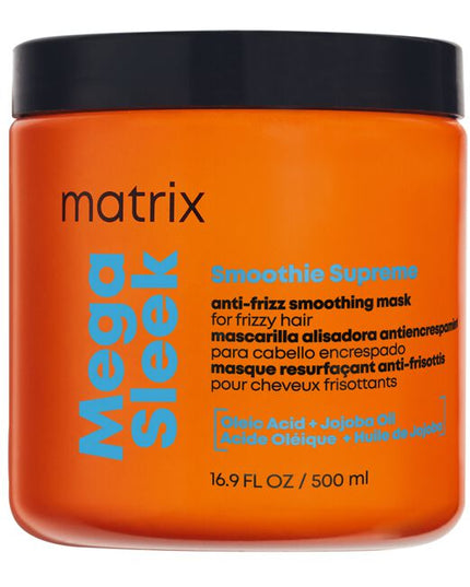 A professional, supercharged smoothing mask designed for stylists to provide clients with ultimate frizz control and intense hydration. The Matrix Mega Sleek Smoothie Supreme Mask is your go-to treatment for instantly transforming frizzy hair into a sleek, smooth, and radiant masterpiece that lasts for up to 96 hours*.