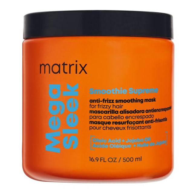 A professional, supercharged smoothing mask designed for stylists to provide clients with ultimate frizz control and intense hydration. The Matrix Mega Sleek Smoothie Supreme Mask is your go-to treatment for instantly transforming frizzy hair into a sleek, smooth, and radiant masterpiece that lasts for up to 96 hours*.