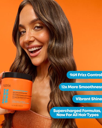 A professional, supercharged smoothing mask designed for stylists to provide clients with ultimate frizz control and intense hydration. The Matrix Mega Sleek Smoothie Supreme Mask is your go-to treatment for instantly transforming frizzy hair into a sleek, smooth, and radiant masterpiece that lasts for up to 96 hours*.