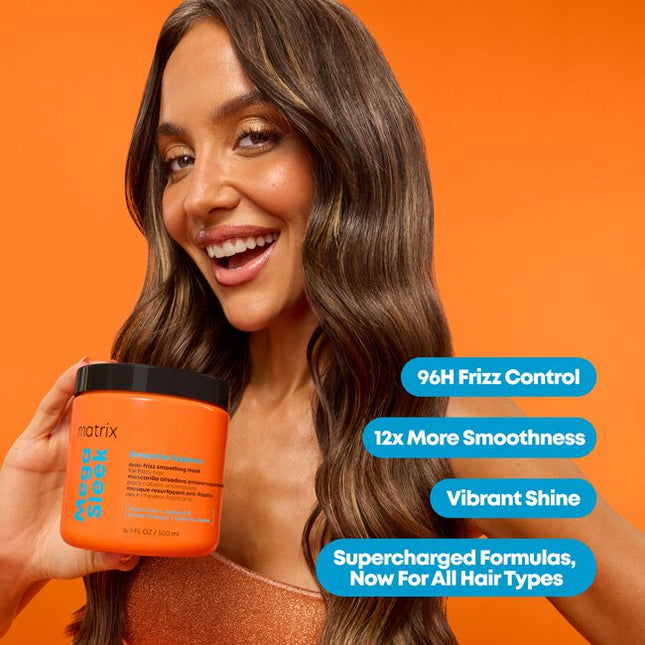 A professional, supercharged smoothing mask designed for stylists to provide clients with ultimate frizz control and intense hydration. The Matrix Mega Sleek Smoothie Supreme Mask is your go-to treatment for instantly transforming frizzy hair into a sleek, smooth, and radiant masterpiece that lasts for up to 96 hours*.