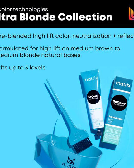 Ultra Blonde Collection pre-blended high lift color, neutralization + reflect. Formulated for high lift on medium brown to medium blonde natural bases (levels 5-8.)