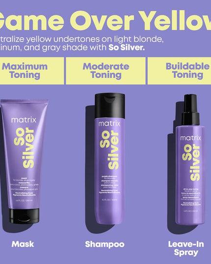 The So Silver Deep Conditioning Toning Hair Mask thinks like a toner and conditions like a deep treatment. It is customizable to enhance all blonde and grey hair colors with a cool finish. 