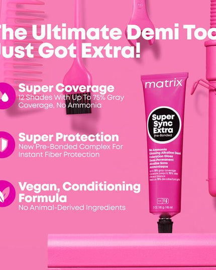 The 1st Pre-Bonded Alkaline Demi-Permanent Hair Color from Matrix that syncs coverage, care and shine. Formulated with no ammonia, instant fiber protection, and covers up to 75% of grays.