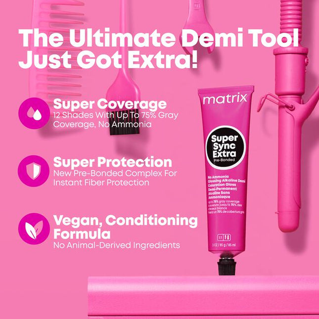 The 1st Pre-Bonded Alkaline Demi-Permanent Hair Color from Matrix that syncs coverage, care and shine. Formulated with no ammonia, instant fiber protection, and covers up to 75% of grays.