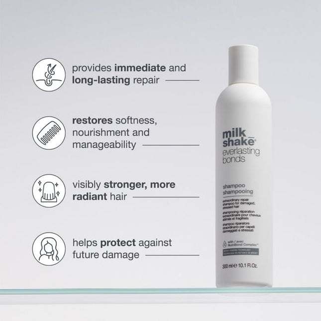 Gently cleanses while repairing and reinforcing damaged hair bonds. Formulated with milk proteins and enhanced with NutriBond Complex™, a naturally derived blend of rice proteins, amino acids and hyaluronic acid. Scientifically proven to instantly repair hair bonds and reconstruct damaged hair for stronger, healthier looking hair you can feel.