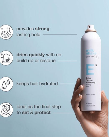 milk_shake extra strong hairspray is a firm hold hair spray that provides structure for long-lasting styles. Formulated with Pro Vitamin B5, seals in moisture for lasting hydration. Contains heat protection with anti-frizz and anti-static properties.