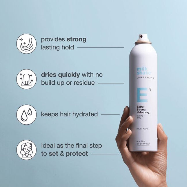 milk_shake extra strong hairspray is a firm hold hair spray that provides structure for long-lasting styles. Formulated with Pro Vitamin B5, seals in moisture for lasting hydration. Contains heat protection with anti-frizz and anti-static properties.