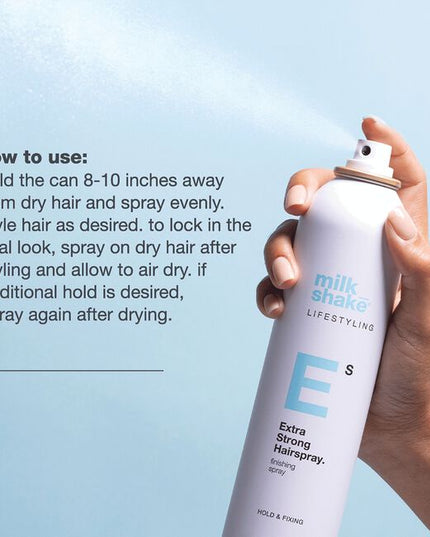 milk_shake extra strong hairspray is a firm hold hair spray that provides structure for long-lasting styles. Formulated with Pro Vitamin B5, seals in moisture for lasting hydration. Contains heat protection with anti-frizz and anti-static properties.