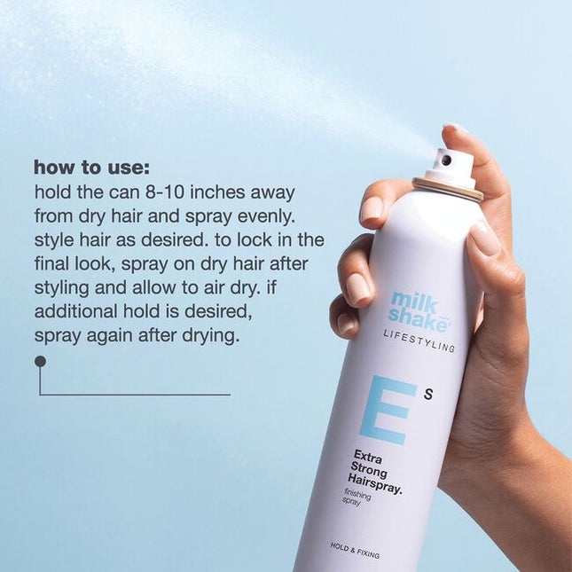 milk_shake extra strong hairspray is a firm hold hair spray that provides structure for long-lasting styles. Formulated with Pro Vitamin B5, seals in moisture for lasting hydration. Contains heat protection with anti-frizz and anti-static properties.