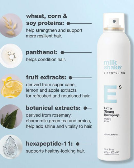 milk_shake extra strong hairspray is a firm hold hair spray that provides structure for long-lasting styles. Formulated with Pro Vitamin B5, seals in moisture for lasting hydration. Contains heat protection with anti-frizz and anti-static properties.