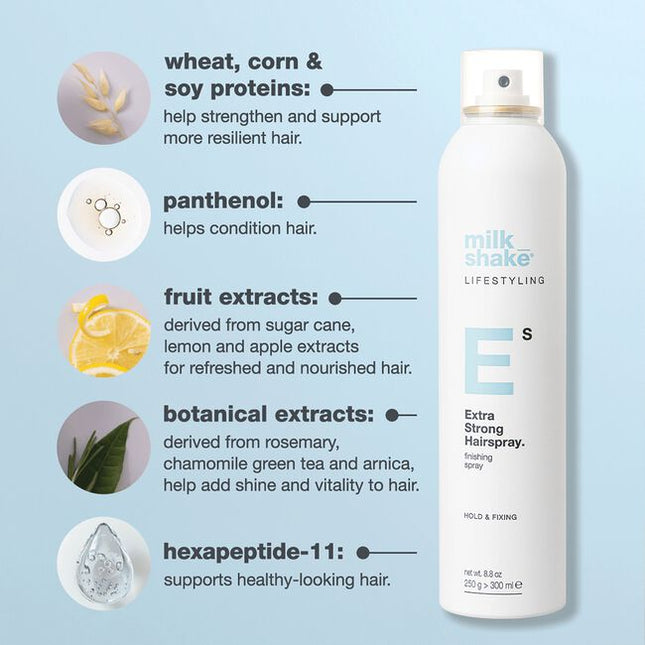 milk_shake extra strong hairspray is a firm hold hair spray that provides structure for long-lasting styles. Formulated with Pro Vitamin B5, seals in moisture for lasting hydration. Contains heat protection with anti-frizz and anti-static properties.