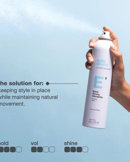 milk_shake extra strong hairspray is a firm hold hair spray that provides structure for long-lasting styles. Formulated with Pro Vitamin B5, seals in moisture for lasting hydration. Contains heat protection with anti-frizz and anti-static properties.