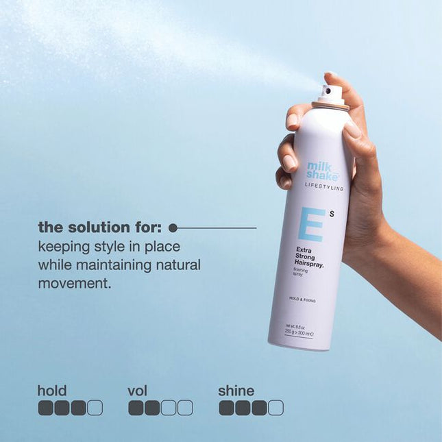 milk_shake extra strong hairspray is a firm hold hair spray that provides structure for long-lasting styles. Formulated with Pro Vitamin B5, seals in moisture for lasting hydration. Contains heat protection with anti-frizz and anti-static properties.