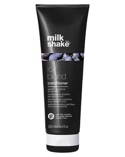 Restore light blonde hair with color-depositing milk_shake icy blond conditioner. Gone are the days of purple conditioner for blonde hair. This paraben-free conditioner has a unique black pigment that reduces brassiness &amp; enhances cool tones for intensely icy blonde hair. Added milk proteins also provide deep conditioning for softer, stronger hair after every wash. For best results, use icy blond shampoo prior to conditioning.
