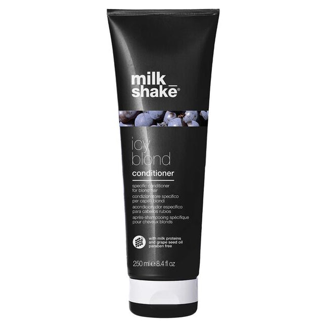 Restore light blonde hair with color-depositing milk_shake icy blond conditioner. Gone are the days of purple conditioner for blonde hair. This paraben-free conditioner has a unique black pigment that reduces brassiness &amp; enhances cool tones for intensely icy blonde hair. Added milk proteins also provide deep conditioning for softer, stronger hair after every wash. For best results, use icy blond shampoo prior to conditioning.