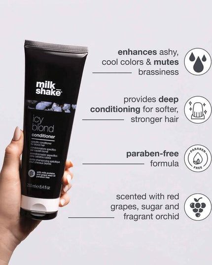 Restore light blonde hair with color-depositing milk_shake icy blond conditioner. Gone are the days of purple conditioner for blonde hair. This paraben-free conditioner has a unique black pigment that reduces brassiness &amp; enhances cool tones for intensely icy blonde hair. Added milk proteins also provide deep conditioning for softer, stronger hair after every wash. For best results, use icy blond shampoo prior to conditioning.