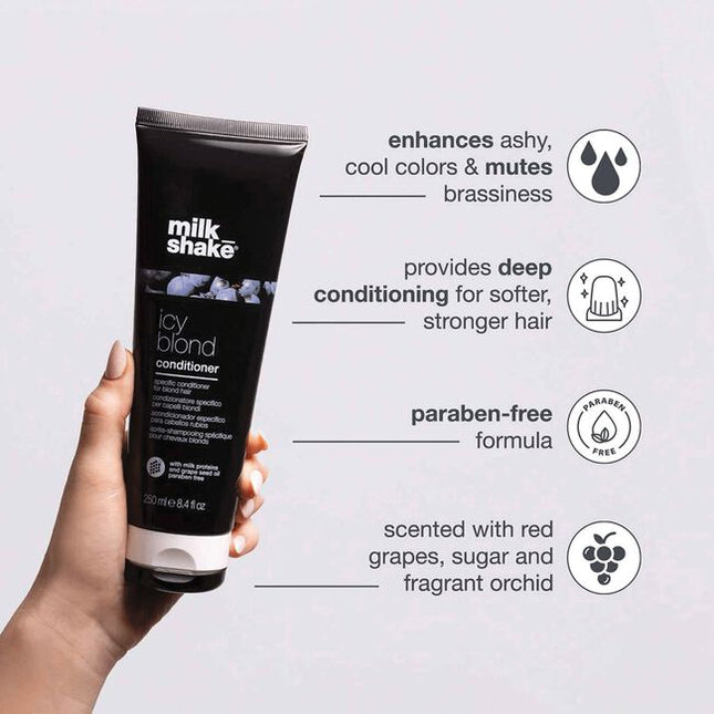 Restore light blonde hair with color-depositing milk_shake icy blond conditioner. Gone are the days of purple conditioner for blonde hair. This paraben-free conditioner has a unique black pigment that reduces brassiness &amp; enhances cool tones for intensely icy blonde hair. Added milk proteins also provide deep conditioning for softer, stronger hair after every wash. For best results, use icy blond shampoo prior to conditioning.