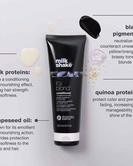 Restore light blonde hair with color-depositing milk_shake icy blond conditioner. Gone are the days of purple conditioner for blonde hair. This paraben-free conditioner has a unique black pigment that reduces brassiness &amp; enhances cool tones for intensely icy blonde hair. Added milk proteins also provide deep conditioning for softer, stronger hair after every wash. For best results, use icy blond shampoo prior to conditioning.