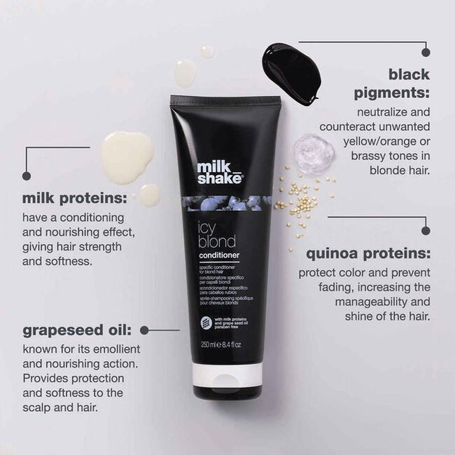 Restore light blonde hair with color-depositing milk_shake icy blond conditioner. Gone are the days of purple conditioner for blonde hair. This paraben-free conditioner has a unique black pigment that reduces brassiness &amp; enhances cool tones for intensely icy blonde hair. Added milk proteins also provide deep conditioning for softer, stronger hair after every wash. For best results, use icy blond shampoo prior to conditioning.