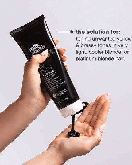 Restore light blonde hair with color-depositing milk_shake icy blond conditioner. Gone are the days of purple conditioner for blonde hair. This paraben-free conditioner has a unique black pigment that reduces brassiness &amp; enhances cool tones for intensely icy blonde hair. Added milk proteins also provide deep conditioning for softer, stronger hair after every wash. For best results, use icy blond shampoo prior to conditioning.