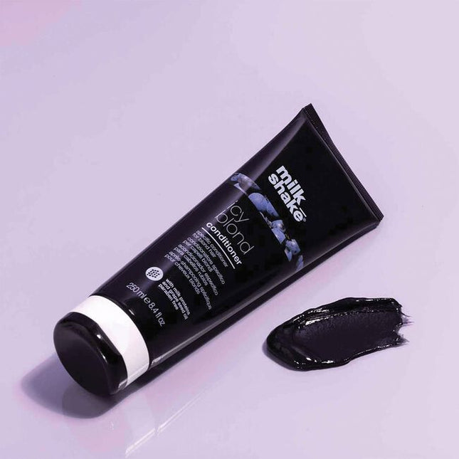 Restore light blonde hair with color-depositing milk_shake icy blond conditioner. Gone are the days of purple conditioner for blonde hair. This paraben-free conditioner has a unique black pigment that reduces brassiness &amp; enhances cool tones for intensely icy blonde hair. Added milk proteins also provide deep conditioning for softer, stronger hair after every wash. For best results, use icy blond shampoo prior to conditioning.
