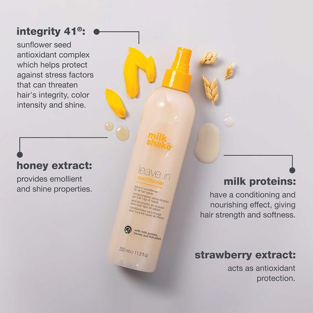 Detangle & rehydrate with milk_shake leave in conditioner. Formulated with milk proteins fruit extracts, this leave-in conditioner spray strengthens hair structure while adding a natural shine.