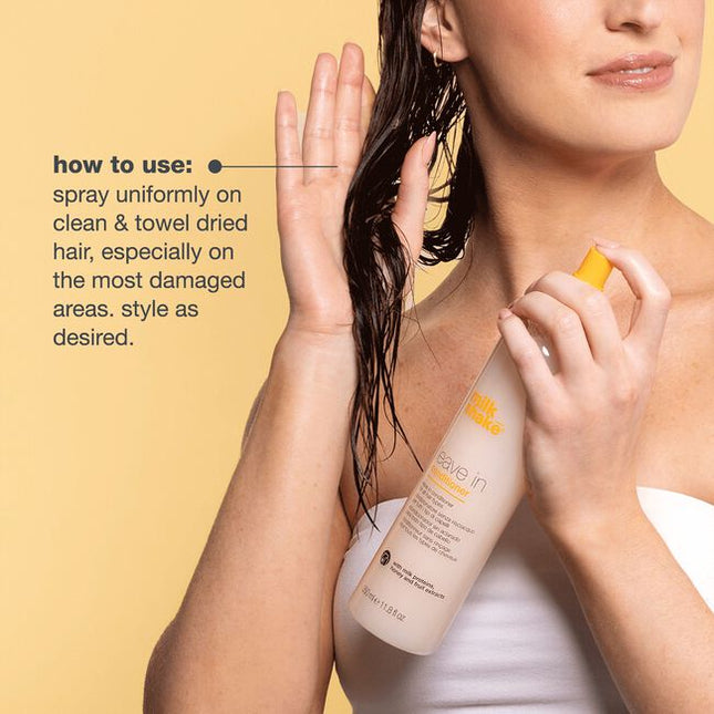 Detangle & rehydrate with milk_shake leave in conditioner. Formulated with milk proteins fruit extracts, this leave-in conditioner spray strengthens hair structure while adding a natural shine.