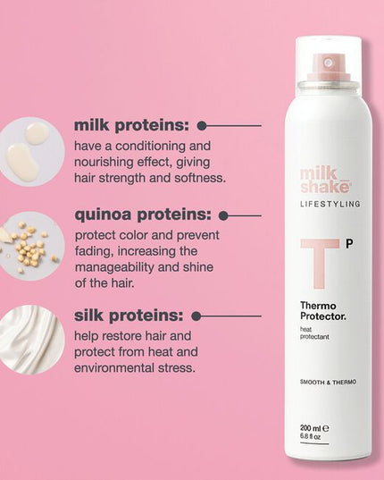 A lightweight spray that shields hair from the damaging heat of blow-dryers, straighteners, and curling irons by creating an invisible protective barrier. Infused with hydrolyzed silk, milk protein, and quinoa, it helps prevent breakage and split ends while delivering radiant shine.
