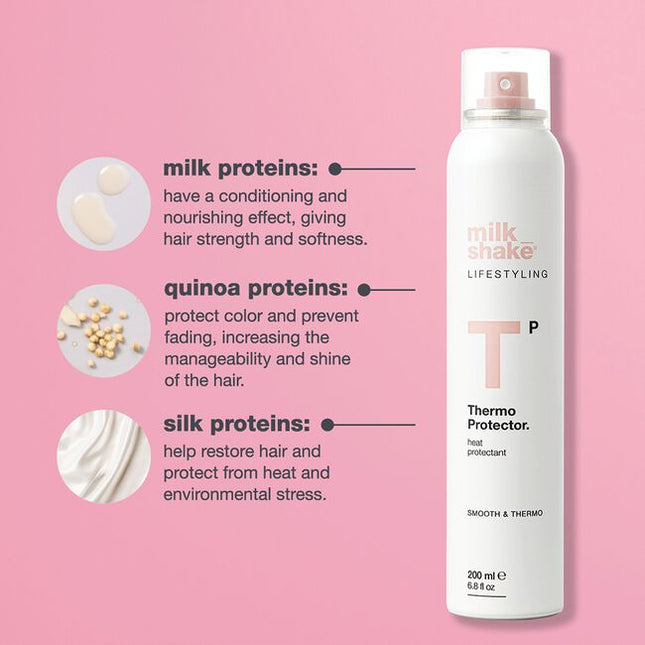 A lightweight spray that shields hair from the damaging heat of blow-dryers, straighteners, and curling irons by creating an invisible protective barrier. Infused with hydrolyzed silk, milk protein, and quinoa, it helps prevent breakage and split ends while delivering radiant shine.