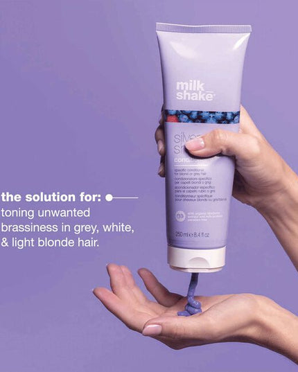 Maintaining the perfect color is possible with milk_shake silver shine conditioner. Infused with vibrant violet pigment, this is an active toning conditioner for grey hair, white, & blonde hair. This purple conditioner helps neutralize yellow in hair & mute unwanted brassiness. For further toning, cleanse first with silver shine shampoo.
