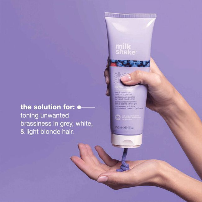 Maintaining the perfect color is possible with milk_shake silver shine conditioner. Infused with vibrant violet pigment, this is an active toning conditioner for grey hair, white, & blonde hair. This purple conditioner helps neutralize yellow in hair & mute unwanted brassiness. For further toning, cleanse first with silver shine shampoo.