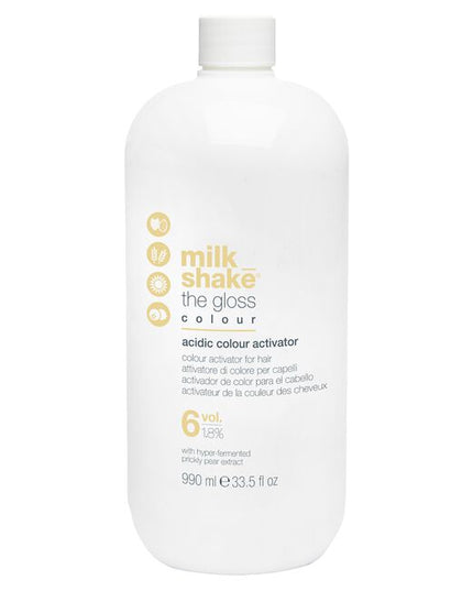 milk_shake the gloss acidic color activator is formulated to act in synergy with milk_shake® the gloss color ammonia-free acidic pH demi coloring treatment for hair. The protective action of prickly pear extract protects the hair, making it more resistant to external aggressors and maintaining its integrity for longer, for intense, glossy color.