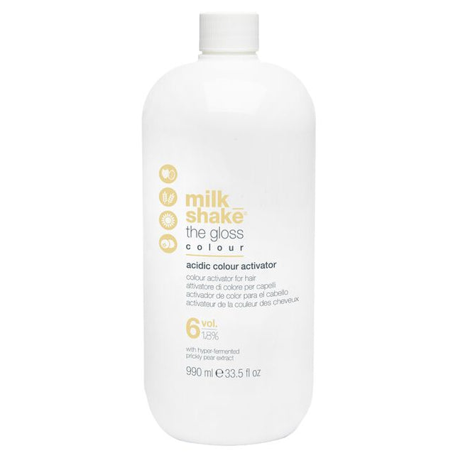 milk_shake the gloss acidic color activator is formulated to act in synergy with milk_shake® the gloss color ammonia-free acidic pH demi coloring treatment for hair. The protective action of prickly pear extract protects the hair, making it more resistant to external aggressors and maintaining its integrity for longer, for intense, glossy color.