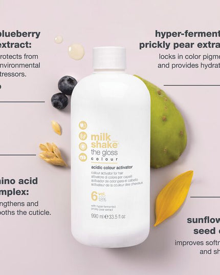 milk_shake the gloss acidic color activator is formulated to act in synergy with milk_shake® the gloss color ammonia-free acidic pH demi coloring treatment for hair. The protective action of prickly pear extract protects the hair, making it more resistant to external aggressors and maintaining its integrity for longer, for intense, glossy color.