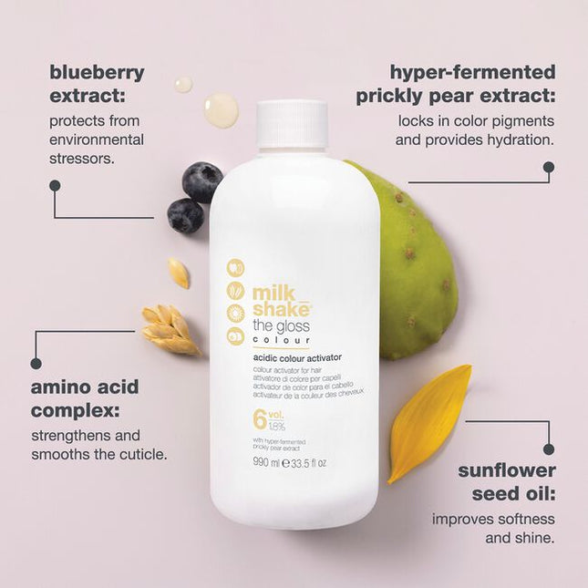 milk_shake the gloss acidic color activator is formulated to act in synergy with milk_shake® the gloss color ammonia-free acidic pH demi coloring treatment for hair. The protective action of prickly pear extract protects the hair, making it more resistant to external aggressors and maintaining its integrity for longer, for intense, glossy color.
