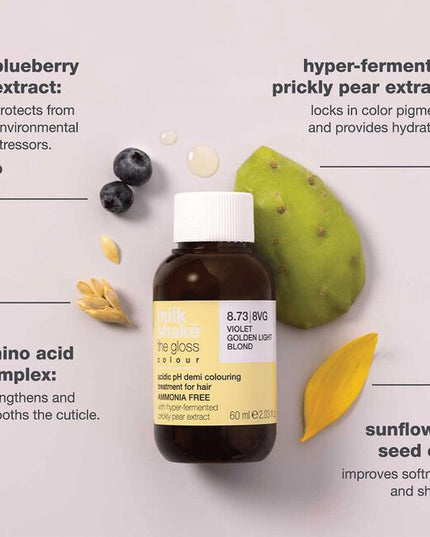 The Gloss Colour delivers beautiful color tones without modifying hair’s natural structure. This unique hair color treatment deposits color, increased shine, and improves the overall health of the hair.