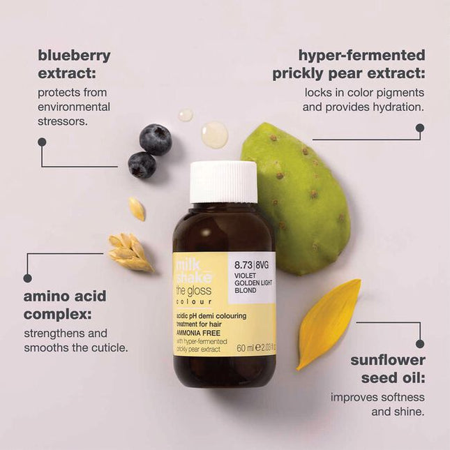 The Gloss Colour delivers beautiful color tones without modifying hair’s natural structure. This unique hair color treatment deposits color, increased shine, and improves the overall health of the hair.